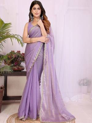 Lavender embellished border saree with blouse piece 3