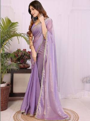 Lavender embellished border saree with blouse piece 5