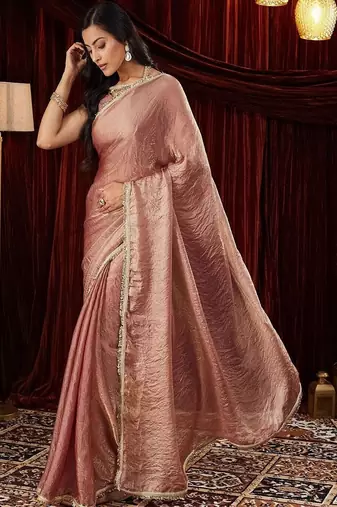 Pink embroidered bordered tissue saree with blouse piece