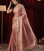 Pink embroidered bordered tissue saree with blouse piece