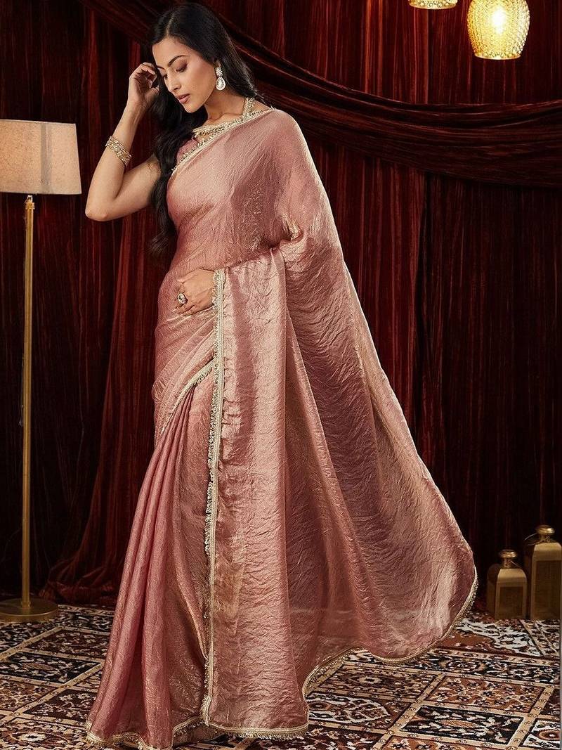 Pink embroidered bordered tissue saree with blouse piece