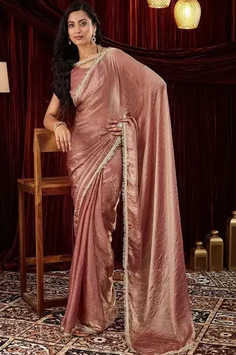 Pink embroidered bordered tissue saree with blouse piece