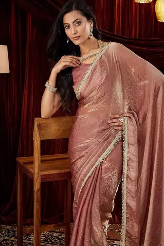 Pink embroidered bordered tissue saree with blouse piece