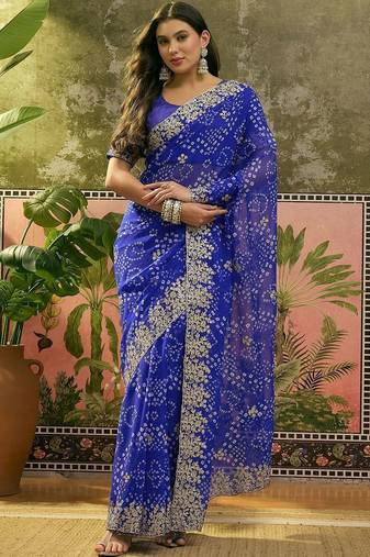 Blue printed  bandhani sarees