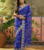 Blue printed  bandhani sarees
