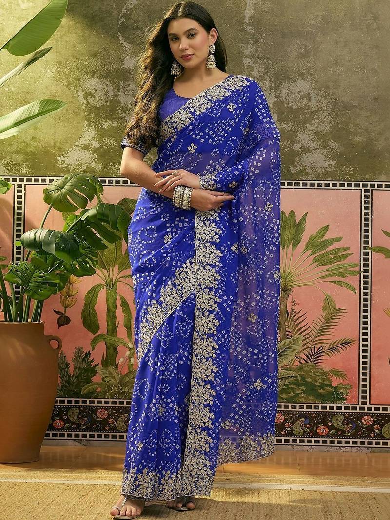 Blue printed  bandhani sarees