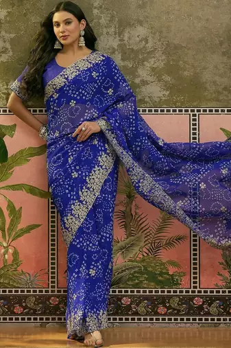 Blue printed  bandhani sarees