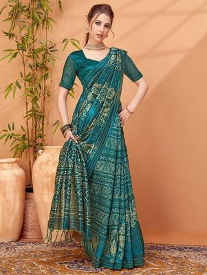 Teal printed saree with blouse piece 1