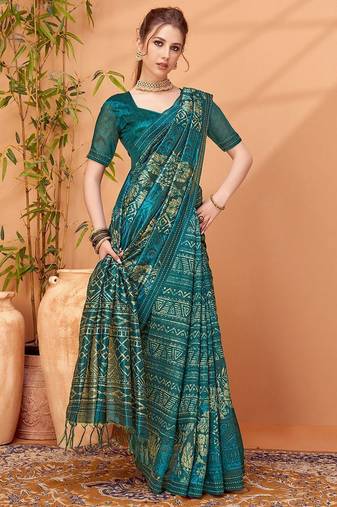 Teal printed saree with blouse piece