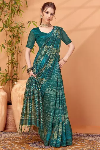 Teal printed saree with blouse piece