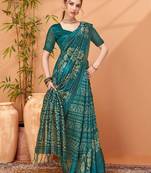 Teal printed saree with blouse piece