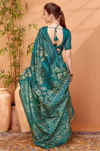 Teal printed saree with blouse piece