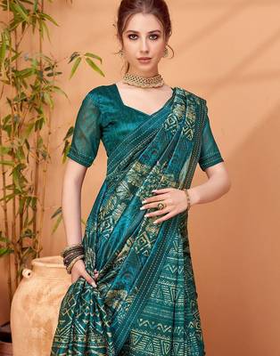 Teal printed saree with blouse piece 3