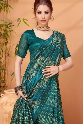 Teal printed saree with blouse piece