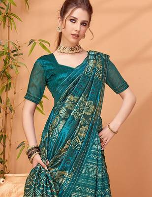 Teal printed saree with blouse piece 4