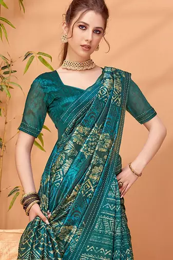Teal printed saree with blouse piece