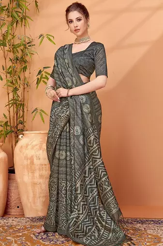 Grey printed saree with matching blouse
