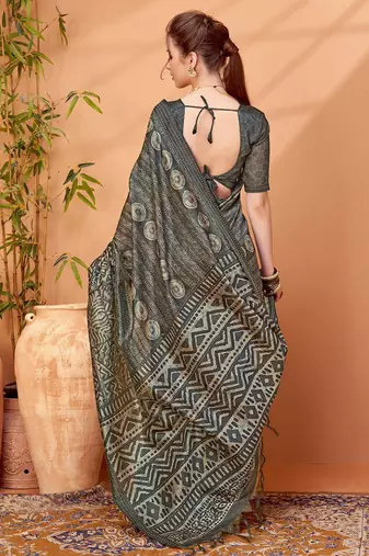 Grey printed saree with matching blouse