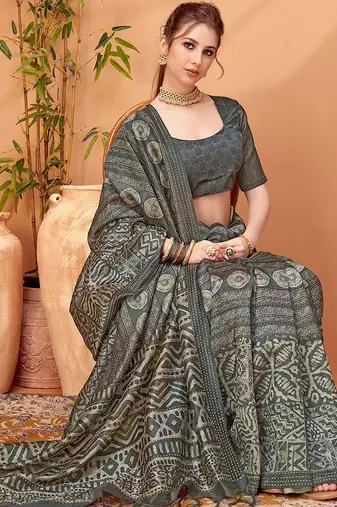 Grey printed saree with matching blouse