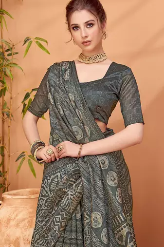 Grey printed saree with matching blouse