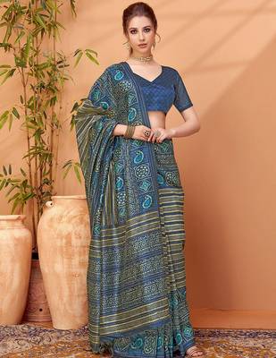 Navy blue printed saree with matching blouse 1