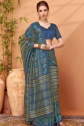 Navy blue printed saree with matching blouse