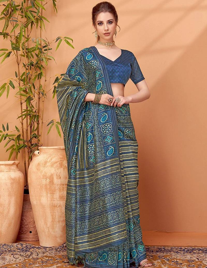Navy blue printed saree with matching blouse