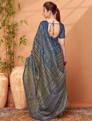 Navy blue printed saree with matching blouse 2