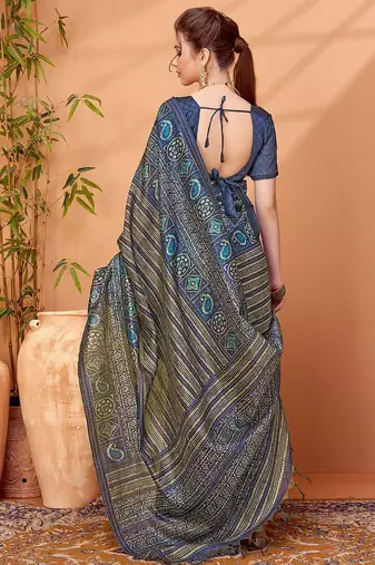 Navy blue printed saree with matching blouse