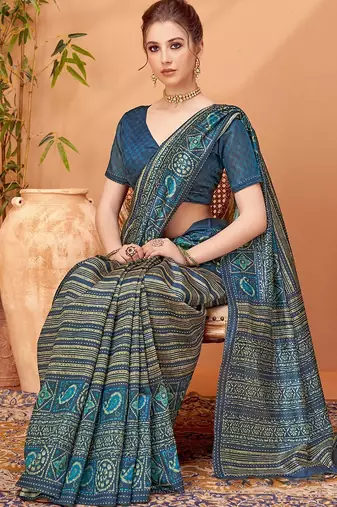 Navy blue printed saree with matching blouse