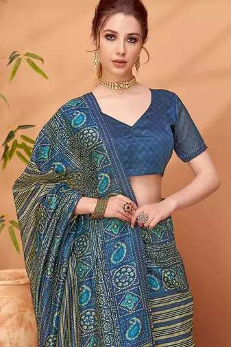 Navy blue printed saree with matching blouse