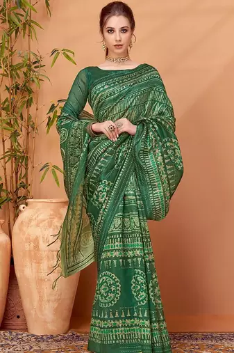 Green ethnic printed banarasi saree with matching blouse