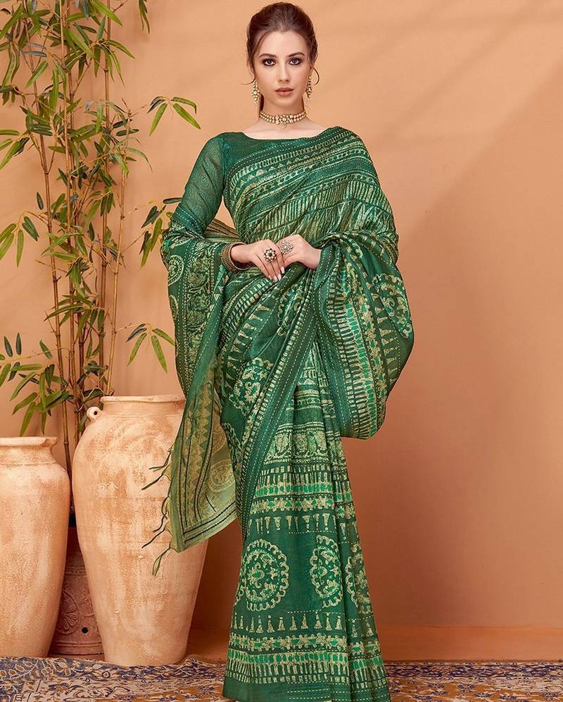 Green ethnic printed banarasi saree with matching blouse
