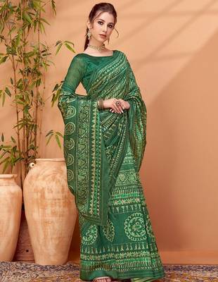 Green ethnic printed banarasi saree with matching blouse 2