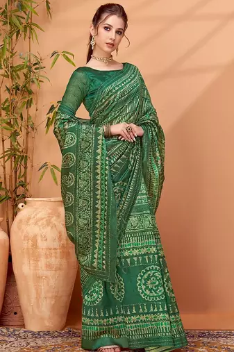Green ethnic printed banarasi saree with matching blouse