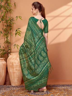 Green ethnic printed banarasi saree with matching blouse 3