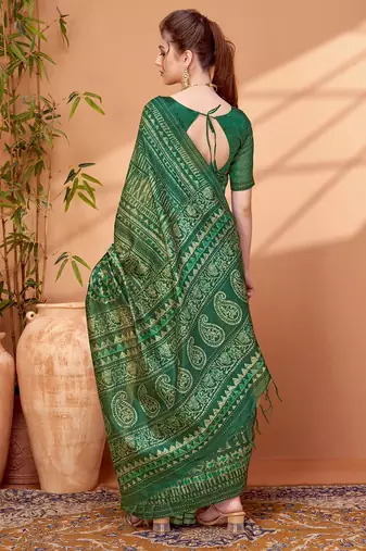Green ethnic printed banarasi saree with matching blouse