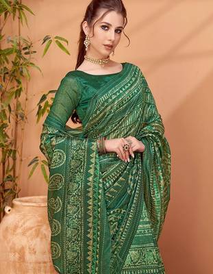 Green ethnic printed banarasi saree with matching blouse 4