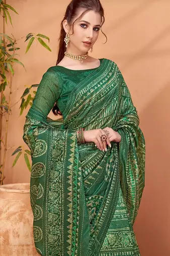 Green ethnic printed banarasi saree with matching blouse