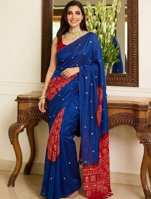 Blue bandhani mirror work block print saree 1