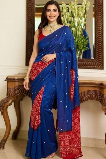 Blue bandhani mirror work block print saree