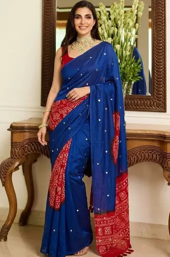 Blue bandhani mirror work block print saree