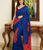 Blue bandhani mirror work block print saree