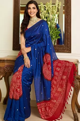 Blue bandhani mirror work block print saree