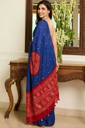 Blue bandhani mirror work block print saree