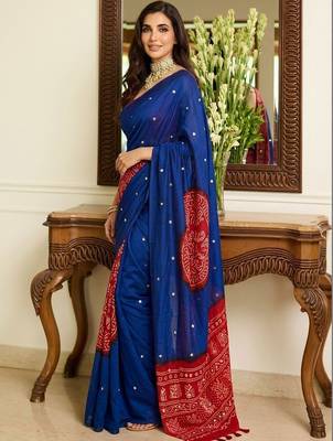 Blue bandhani mirror work block print saree 5