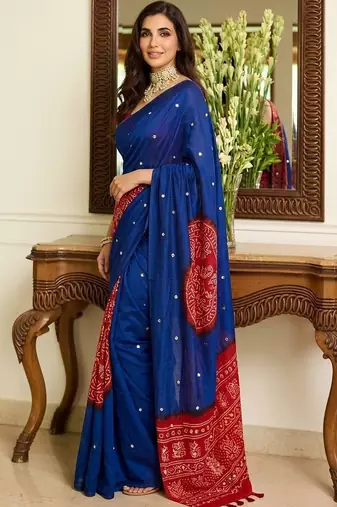 Blue bandhani mirror work block print saree