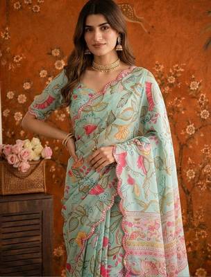 Sea green floral mirror work satin saree 1