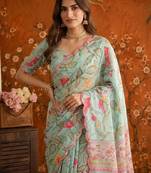 Sea green floral mirror work satin saree