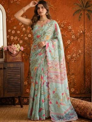 Sea green floral mirror work satin saree 2